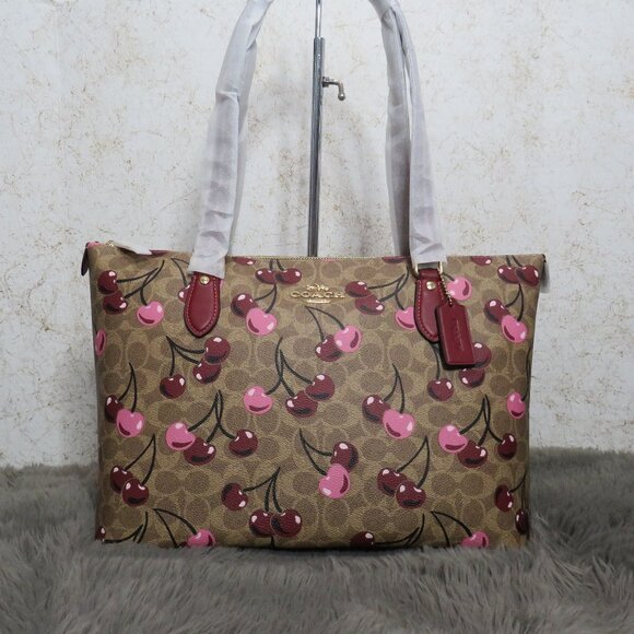 Coach Gallery Tote in Signature Canvas with Cherry Print (Tan) - Picture 1 of 6